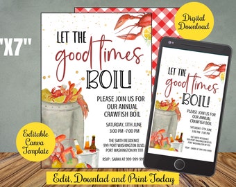 Crawfish Boil Party Invite,  Let the good times boil,Canva template, Crawfish boil any occation invite, Editable Seafood boil invitation