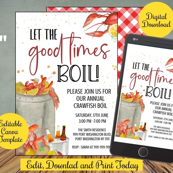 Crawfish Boil Party Invite,  Let the good times boil,Canva template, Crawfish boil any occation invite, Editable Seafood boil invitation