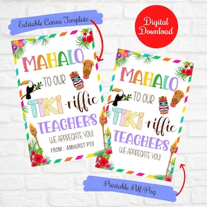 Étiquettes d'appréciation des enseignants sur le thème de Hawaii Luau, Mahalo à nos enseignants tikiriffic, étiquettes cadeaux, enseignante, chauffeur de bus, infirmière bénévole, école pto pta