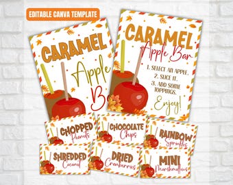 Caramel Apple Bar Sign & Food Tent Labels | Appreciation Fall Party | Editable Canva Template | Autumn Wedding Baby Shower Treat Table