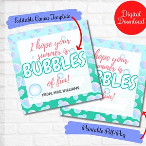 Etiquetas de regalo de burbujas de clase de fin de año, Espero que su verano sea burbujas de diversión, Etiquetas de regalo de varita de burbujas de compañeros de clase, Favor de graduación