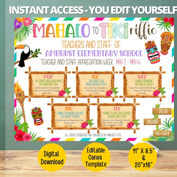 Editable Hawaii Luau themed Teacher appreciation week schedule, Mahalo to our tikirific teachers itinerary, appreciation week printable PTO