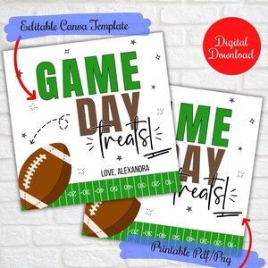 May include: Two white cards with the text "GAME DAY TREATS" in green and brown, featuring a football graphic. The cards have a football field design at the bottom and the text "LOVE, ALEXANDRA". The words "Digital Download" are in a red circle.
