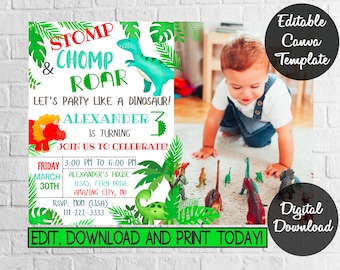 Editable Dinosaur birthday invitation with photo Evite, Stomp Chomp Roar digital Printable ,Personalized Party digital Canva Template