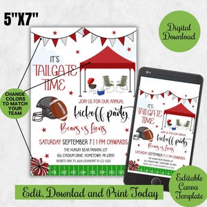 Può includere: Un invito digitale per una festa di kickoff, con un casco da football, un pallone da football e una grafica di tenda rossa. L'invito misura 12,7 cm x 17,8 cm e include il testo "It's Tailgate Time" e "Kickoff Party".
