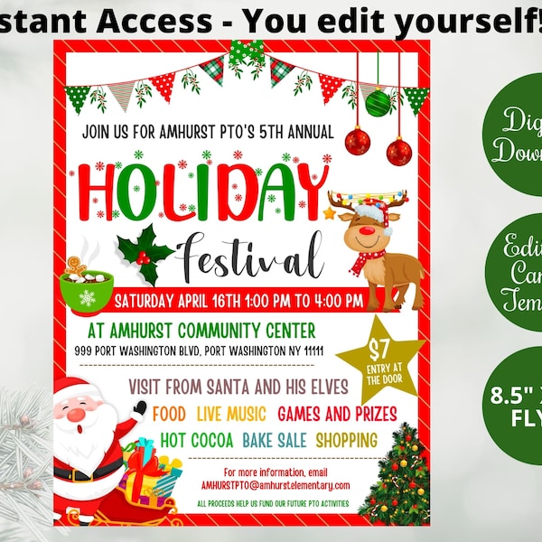 Editable Holiday Festival Flyer Template, Printable Holiday Festival Market invitation for PTO,Church Community fundraiser,Holiday printable