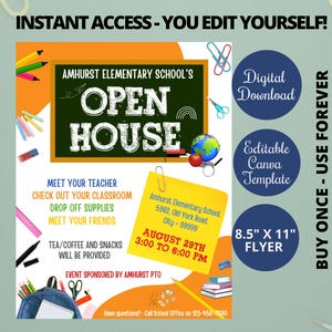 Volantino per il ritorno a scuola con Open House, volantino stampabile per Open House di classe, volantino per Open House a scuola, modello modificabile per Canva