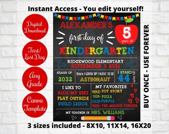 Chalkboard First Day Of School Sign printable, Bright Colors Editable Canva Template,Kindergarten,any grade First Day Sign, Digital Download