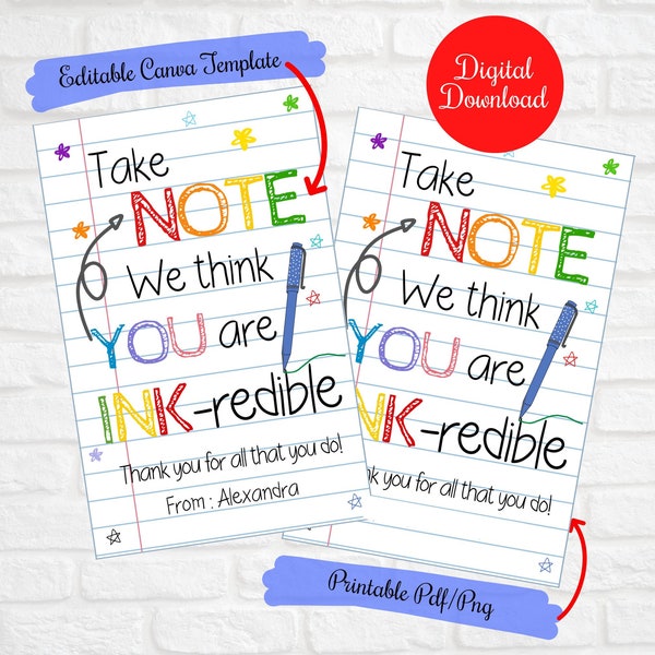 Take note We think you are Ink-redible gift tags, Employee Appreciation Notebook Pen Gift tag, End of term gifts, Staff teacher Appreciation