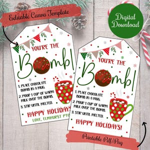 Etiquettes cadeaux bombe chocolat chaud Noël, bombe chocolat chaud, prise de force, classe, étiquettes cadeaux pour écoliers, imprimables modifiables