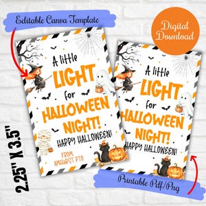 May include: Two rectangular Halloween-themed cards with the text "A little LIGHT for HALLOWEEN NIGHT!" in orange. The cards feature illustrations of a witch, ghost, and black cat. Dimensions are 2.25" x 3.5".