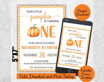 May include: A digital download invitation template for a first birthday. The design features a watercolor pumpkin and the text "Our Little Pumpkin is Turning One." The invitation is 5"x7" and includes event details.