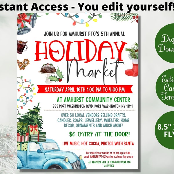 Editable Holiday Market Flyer Template, Printable Christmas Festival Market invitation for PTO,Church Community fundraiser,Holiday printable