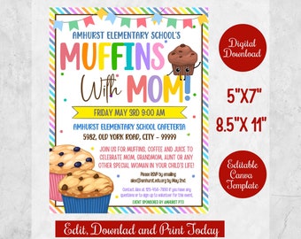 Muffins with Mom Invitation Flyer for PTO, PTA, Printable Mother's Day Event Invite Poster, Editable Canva template for Muffins with Mom