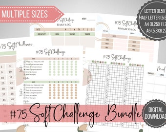 75 Soft Challenge Tracker Bundle, 75 Soft Challenge Printable, Daily Tracker for 75 Soft Easy Medium Challenge, Health fitness printable