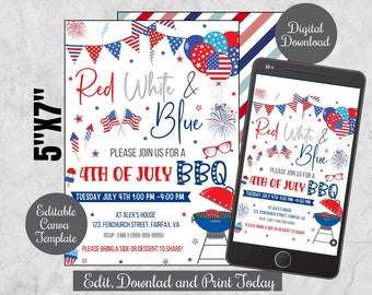4th of July party editable invitation, Block party,Independence day Party digital invite, Red White and Blue 4th of july Barbeque Invitation