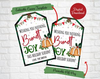 May include: Printable Christmas gift tag with a green, red, and white plaid background. The tag features a festive illustration of a bundt cake with the text "Wishing you nothing but joy this holiday season! Love, The Smiths".