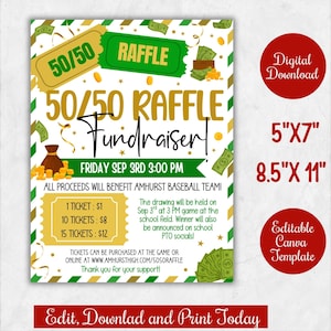 May include: A digital flyer for a 50/50 raffle fundraiser, featuring gold and green design elements. The text includes details about the event, ticket prices, and the date and time of the draw. The flyer is available in 5"x7" and 8.5"x11" sizes.