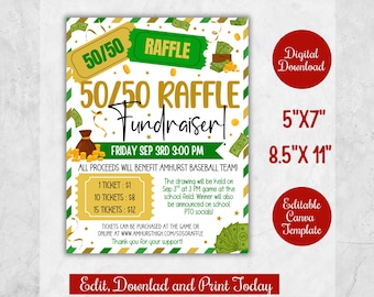 May include: A digital download flyer for a 50/50 raffle fundraiser. The design features gold and green accents with text that reads "50/50 Raffle Fundraiser!" and details about the event, including ticket prices and the date and time.