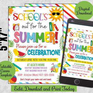 May include: Editable Canva template for a summer school's out party invitation. The invitation features a colorful design with a sun, books, and a watermelon. The text reads "School's out for the Summer! Please join us for a celebration!" and includes the date, time, and location of the party.