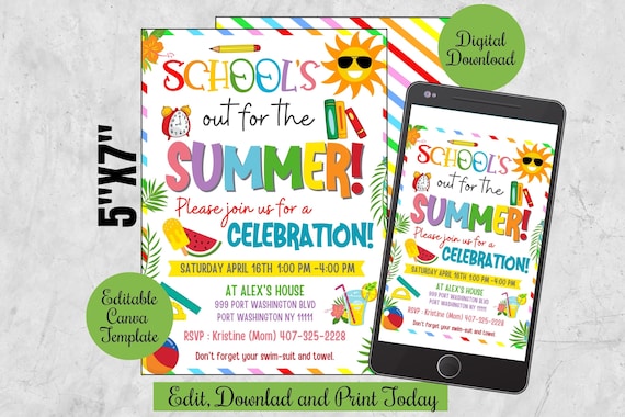 EDITABLE School's out for Summer Party invite evite ,End of School Party Invitation Digital, Backyard Summer Party BBQ canva template