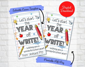 May include: Printable sign with a school theme. The sign says "Let's start this year off WRITE!" with a red pencil, a yellow lightbulb, a red apple, and a paper airplane. The sign also says "Wishing you a wonderful school year!" and "From: Amhurst PTO".