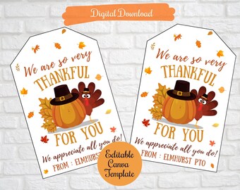 Thanksgiving Gift treat Tags, We are very thankful for you treat tags,teacher, friends, family, school, co-workers, PTO,digital download