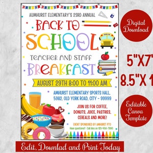 Back To School Teacher and Staff Breakfast Flyer for PTO, PTA, Printable Teacher Breakfast Invite Poster, Editable Canva template