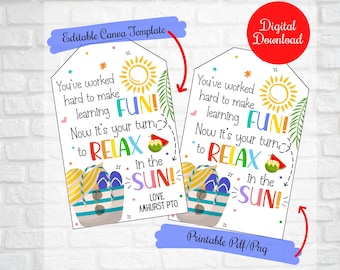 Summer Teacher Beach Towel Tote Gift Tag, Printable Editable You've worked hard to make learning fun gift tags for End of year Teacher Gift
