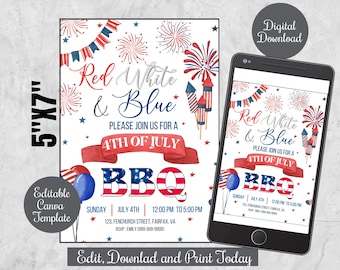 4th of July BBQ party editable invitation, Independence day Party digital invite, Red White and Blue 4th of july Barbeque Invitation