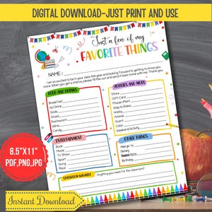 Printable Colorful Teacher Favorites Questionnaire, Back to school teacher survey, All about my teacher,A few of teacher&#39;s favorite things