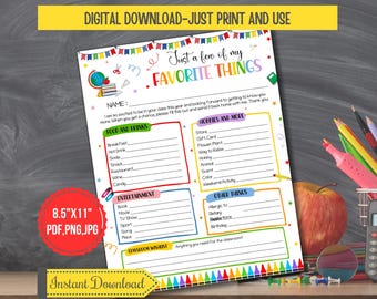 Printable Colorful Teacher Favorites Questionnaire, Back to school teacher survey, All about my teacher,A few of teacher's favorite things