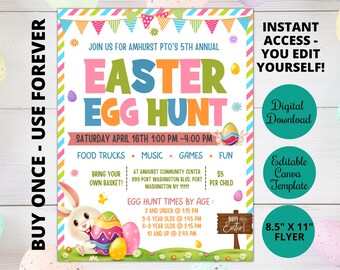 Editable Easter Egg Hunt Flyer Template, Printable Easter Egg Hunt invitation for PTO,Church Community fundraiser,Easter Fundraiser