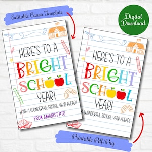 Back to School Gift tags for teachers, Here&#39;s to a bright school year, first day of school tags , Editable digital Canva Printable
