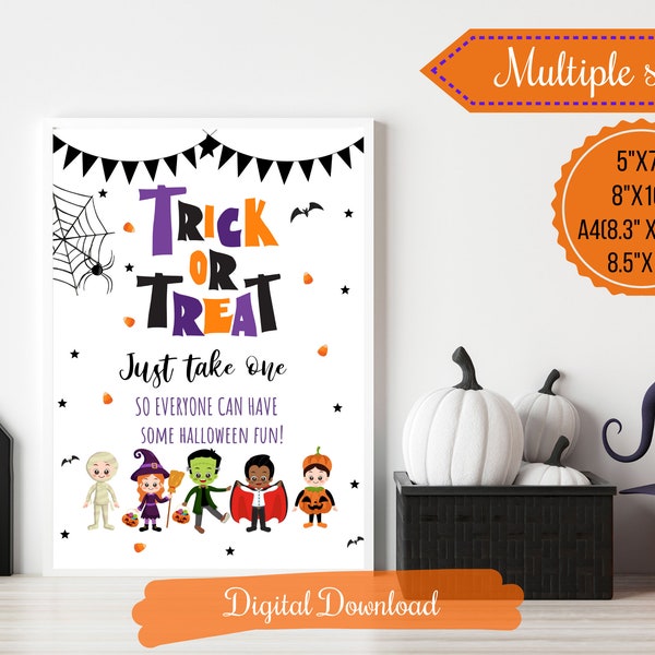 Leuke Halloween Trick Or Treat Sign, Halloween Neem een afdrukbaar teken, Halloween Decor, Afdrukbare, Meerdere formaten, Digitale Download,