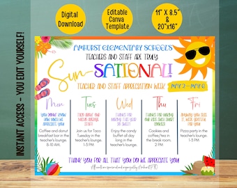 Editable Sunsational Teacher appreciation week schedule, Beach theme teacher appreciation week itinerary, appreciation week printable PTO