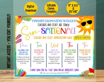 Editable Sunsational Teacher Appreciation Week Schedule, Beach