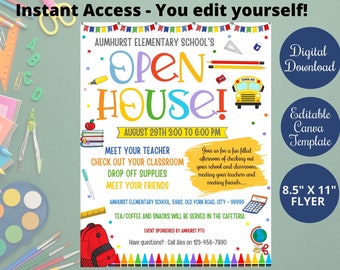 Back To School Open House Flyer for PTO, PTA, Printable Open House for school Flyer Poster, Editable Canva template