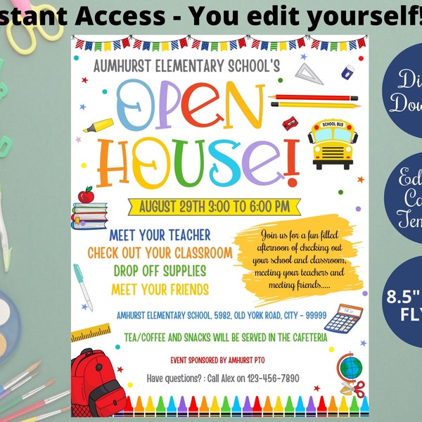 Back To School Open House Flyer for PTO, PTA, Printable Open House for school Flyer Poster, Editable Canva template