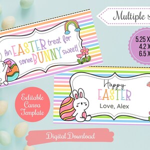 Peut inclure: Deux étiquettes cadeaux de Pâques imprimables représentant un lapin mignon tenant un œuf. La première étiquette dit "Un cadeau de Pâques pour un lapin mignon !" et la deuxième étiquette dit "Joyeuses Pâques Avec amour, Alex". Les deux étiquettes ont un fond rayé arc-en-ciel et sont disponibles en plusieurs tailles : 13,3 cm x 6,3 cm, 10,7 cm x 5,1 cm et 16,5 cm x 12,7 cm.
