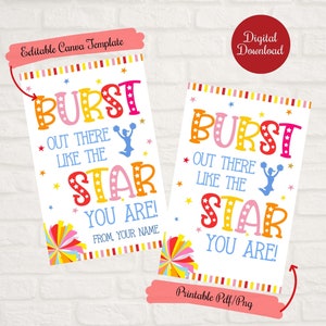 Op de afbeelding: Printbare cheer-poster met een kleurrijk ontwerp en de tekst "Burst out there like the star you are!"  De poster is aanpasbaar met een naam.