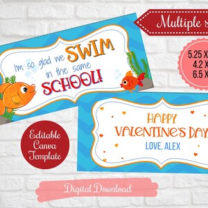 Puede incluir: Plantilla de tarjeta de San Valentín editable con un diseño de pez azul y naranja con el texto "¡Estoy tan contento de que nademos en la misma escuela!" y "¡Feliz Día de San Valentín! Con cariño, Alex". La tarjeta está disponible en varios tamaños: 13,3 cm x 6,3 cm, 10,7 cm x 5,1 cm y 16,5 cm x 12,7 cm.