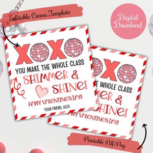 XOXO Sie machen die ganze Klasse Shimmer und Shine druckbare Tag, Shimmer Disco Ball Valentinstag Geschenk für Klasse, Freunde, Kinder Lehrer