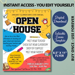 Può includere: Un volantino colorato per la 23a giornata annuale delle porte aperte della Amhurst Elementary. Il design include illustrazioni a tema scolastico e testo come "Incontra il tuo insegnante" e "Visita la tua classe". Il volantino è un download digitale in formato A4.