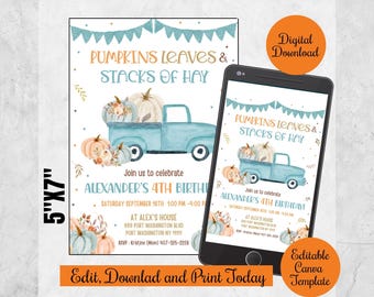 May include: A digital invitation for a 4th birthday celebration. The design features a light blue truck carrying pumpkins, with the text "Pumpkins Leaves & Stacks of Hay." The invitation is available as a digital download and an editable Canva template.
