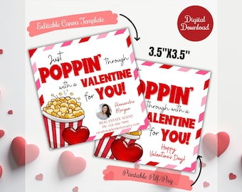 Realtor Valentine Popcorn gift tag for clients,Just poppin by with valentine, real estate, Business marketing tags, Realtor Valentine Pop by