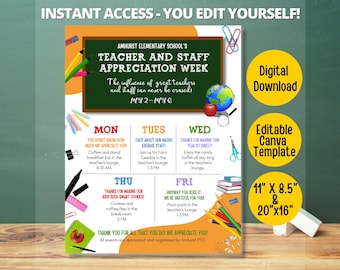 Editable Teacher appreciation week schedule, School teacher appreciation week itinerary, appreciation week events,plan editable template PTO