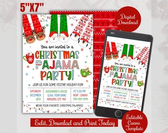 Christmas Pajama Party invite evite , Holiday kids pajama party Invitation Digital,Christmas PJs Sleepover canva template, Pizza and Pajama