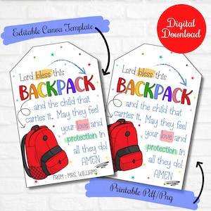 Blessing of the backpack prayer Church printable,Backpack blessing card, Back to school backpack blessing gift tag,lord bless this backpack