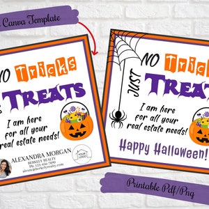 トリックはなし。不動産業者のタグ、不動産業者のハロウィーンギフトタグ、ビジネスマーケティング紹介、保険、モバイル公証人、在宅医療ポップバイ